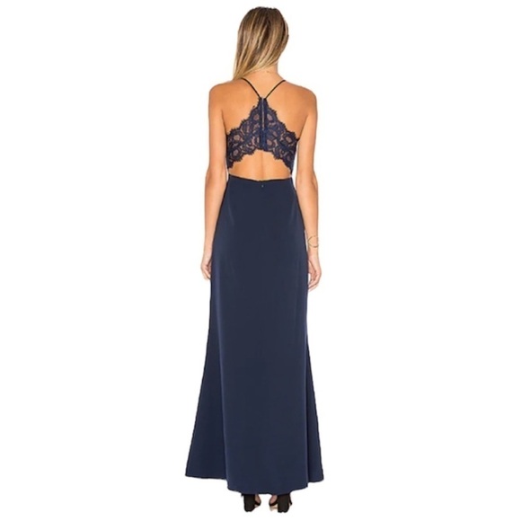 Lovers and Friends Helena Gown in Navy Lace Open Back V-Neck Slit Sleeveless 2 - Picture 3 of 13